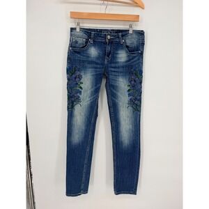 Grace in LA Skinny Jeans 29 Blue Floral Embroidered Boho Whimsical Aesthetic